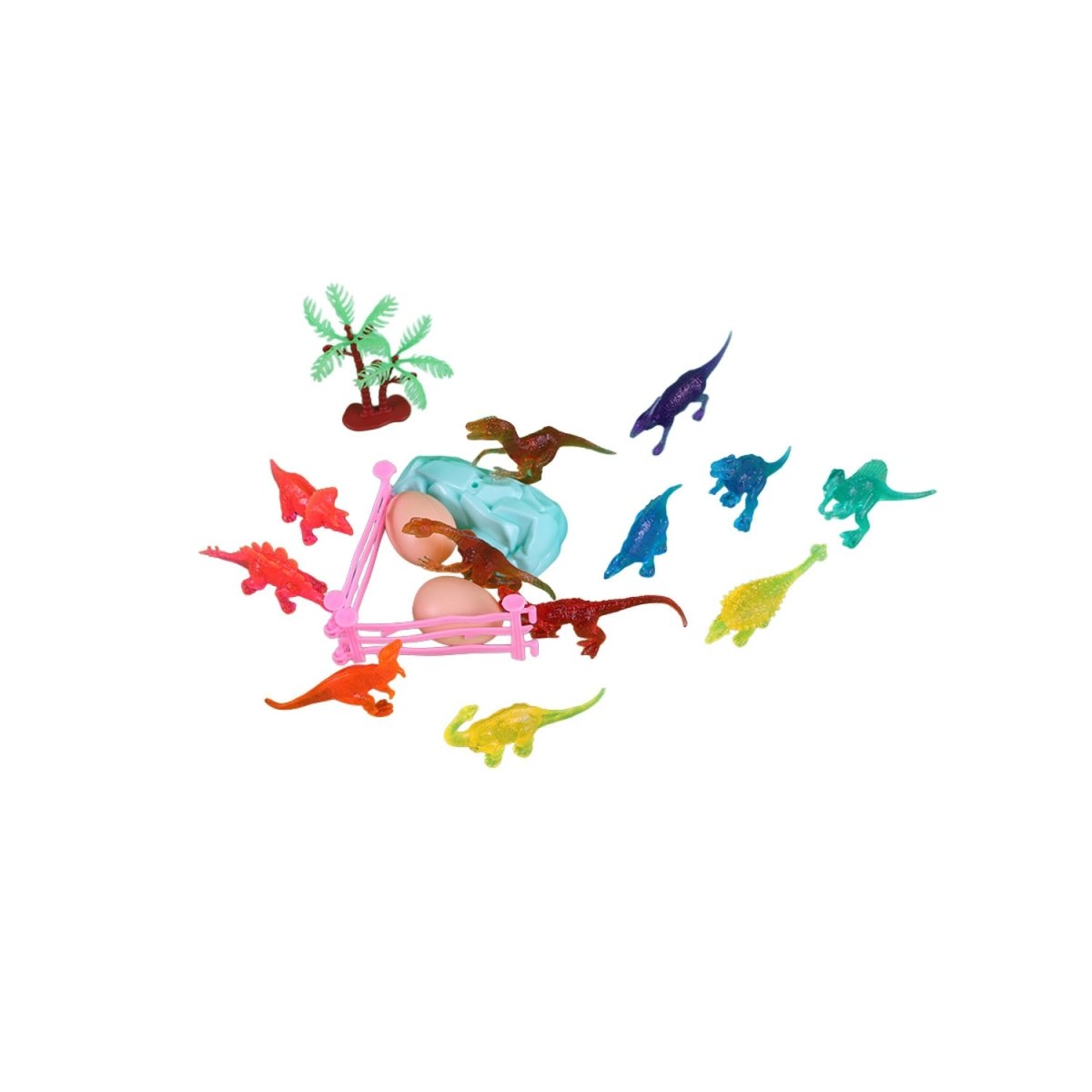 Mixed-color dinosaur toy figures, including long-neck and spiky models