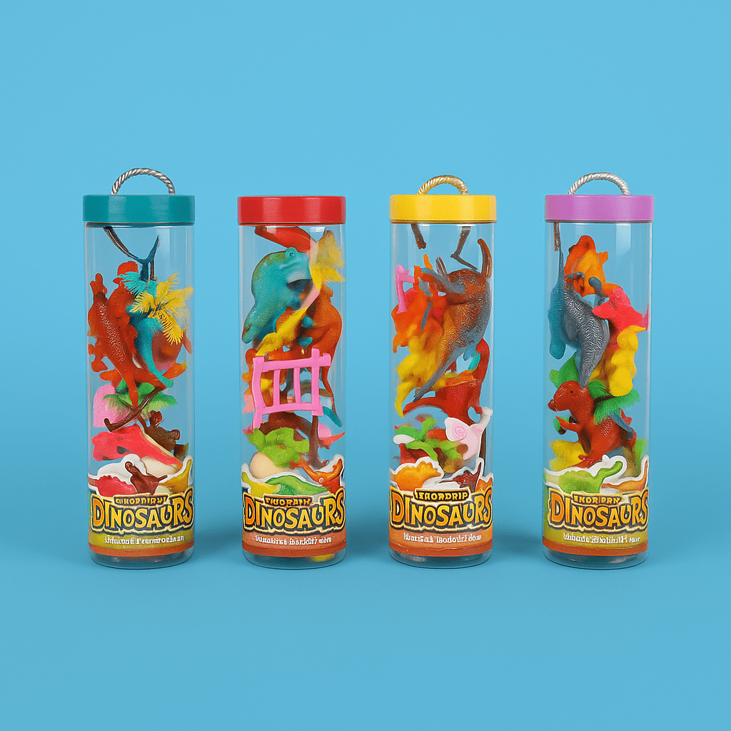 Dinosaur tube toy set with four transparent tubes and teal, red, yellow, purple caps