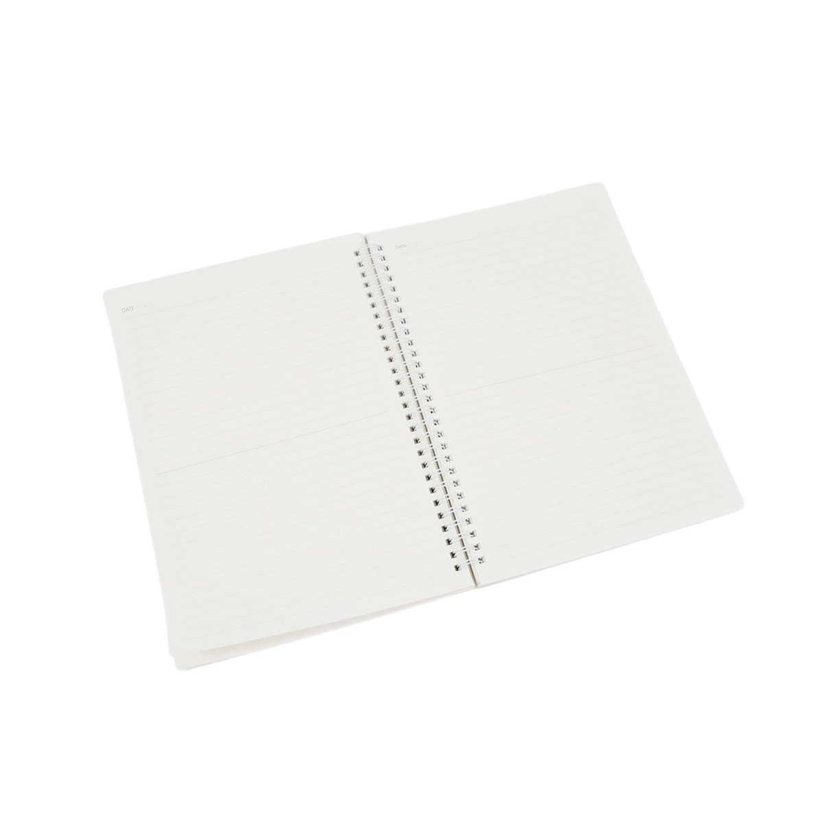 Open spiral notebook with blank white pages and centered dotted line marking