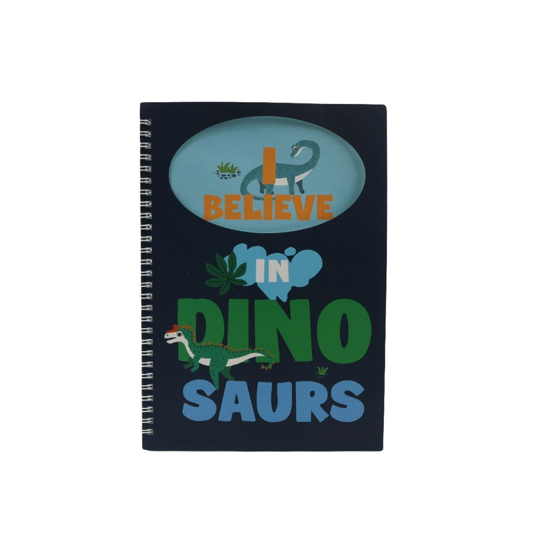 B5 spiral notebook, navy cover with dinosaur graphic text and “BELIEVE” oval