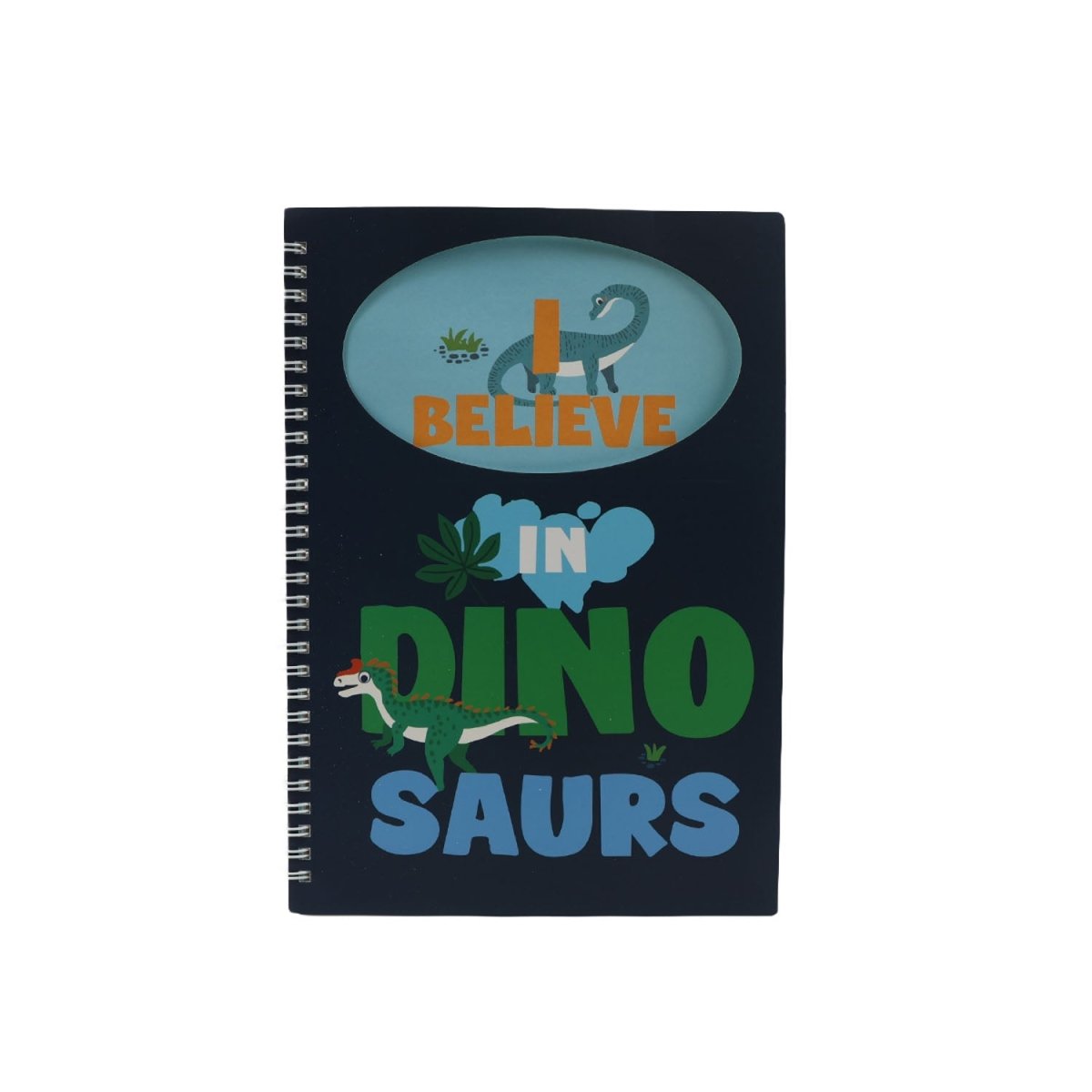 B5 spiral notebook, navy cover with dinosaur graphic text and “BELIEVE” oval