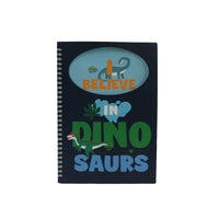 B5 spiral notebook, navy cover with dinosaur graphic text and “BELIEVE” oval