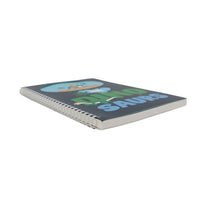 B5 spiral notebook angled view, navy cover with dinosaur “SAURS” graphic
