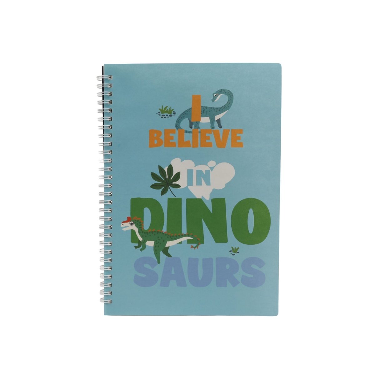 Spiral notebook with light blue cover, dinosaur graphic, and “BELIEVE IN DINO SAURS” text