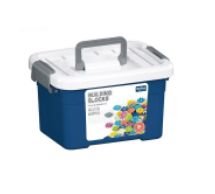 Building block storage box with blue base, clear lid, and carry handle