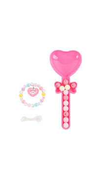 Kids DIY bracelet kit showing pink heart handle, flower bow beads, and small beaded ring