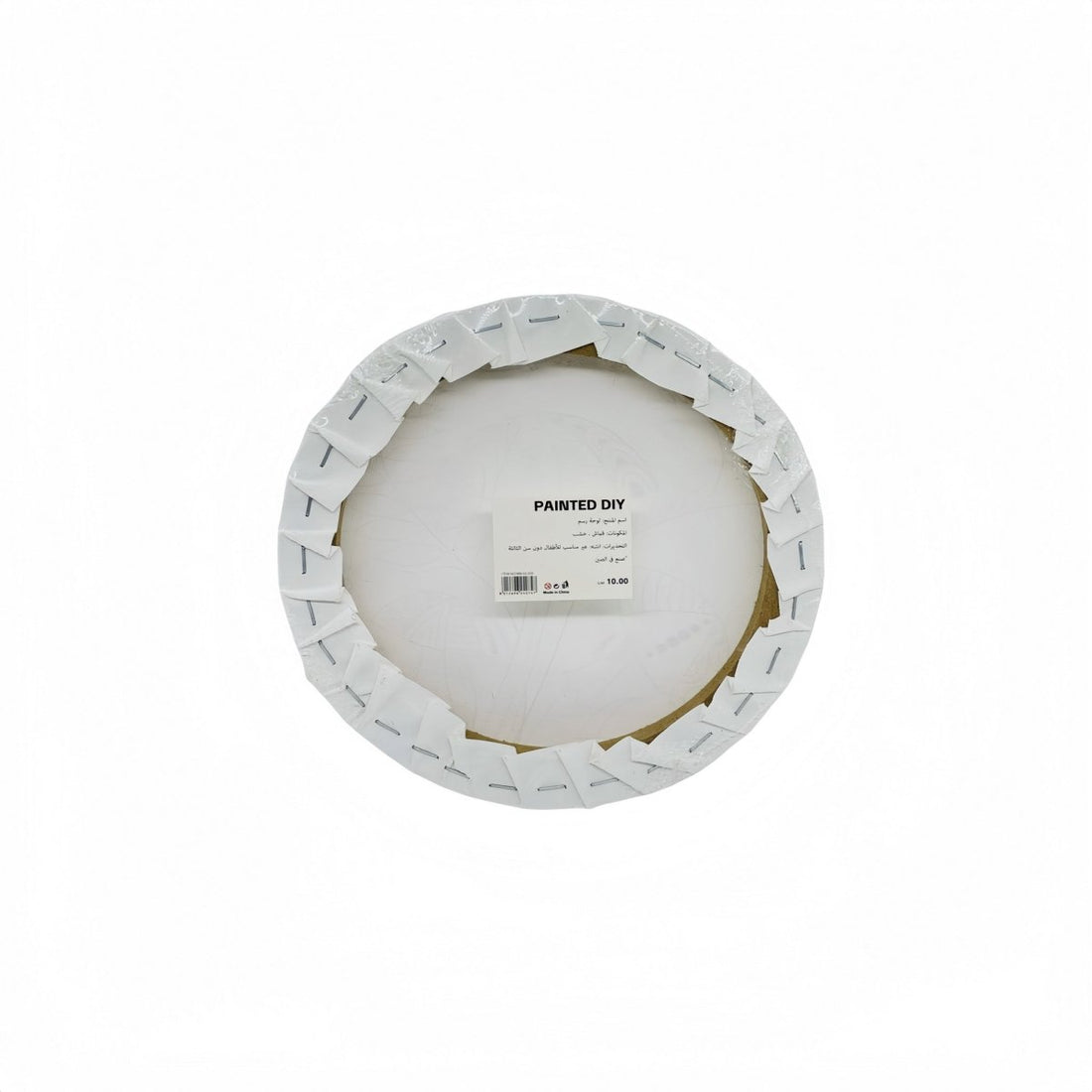Round canvas painting board back with white frame edge and label