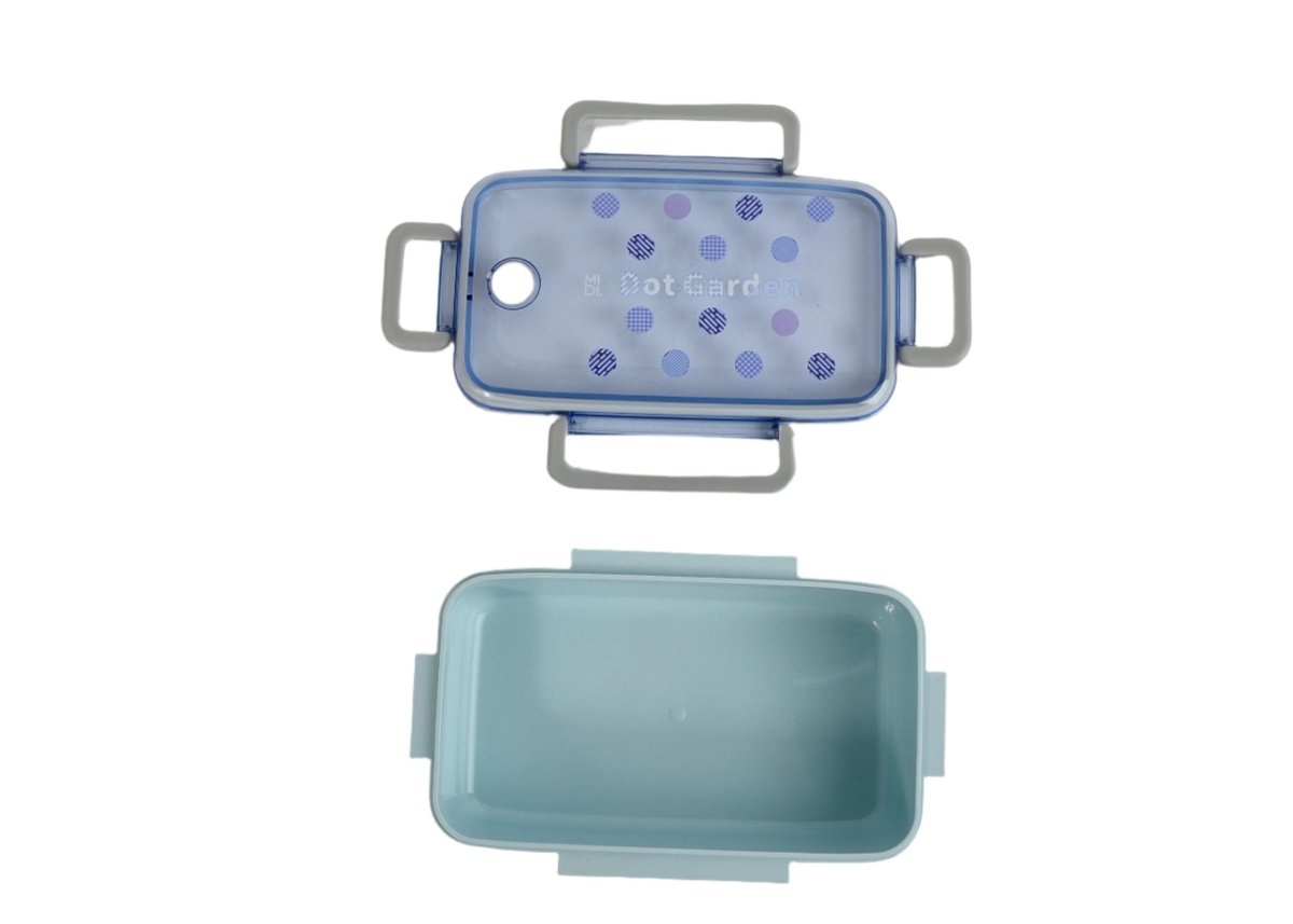 Blue lunch box with small dot window on front and light blue base, open