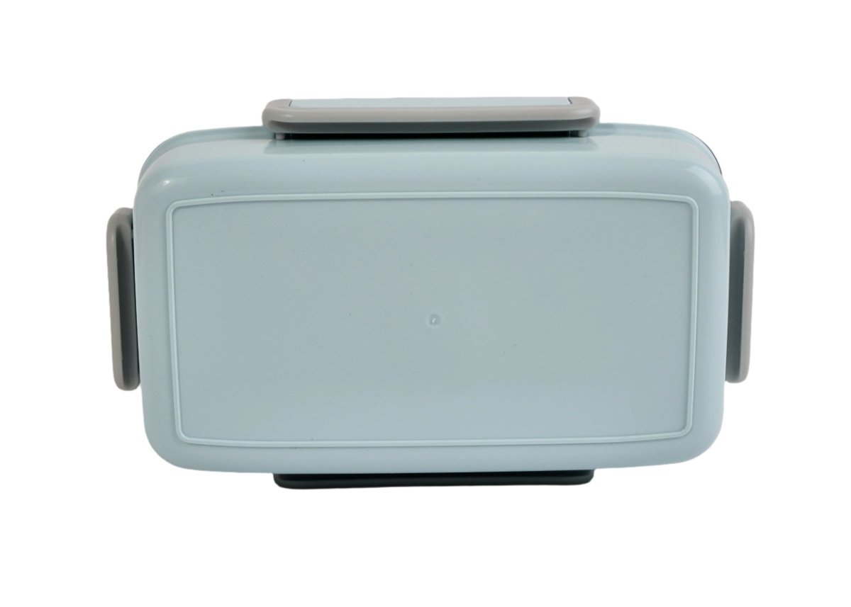 Light blue lunch box with smooth back panel and side carry handles
