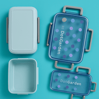 Blue dot-pattern lunch box with lid open and inner tray, side handles