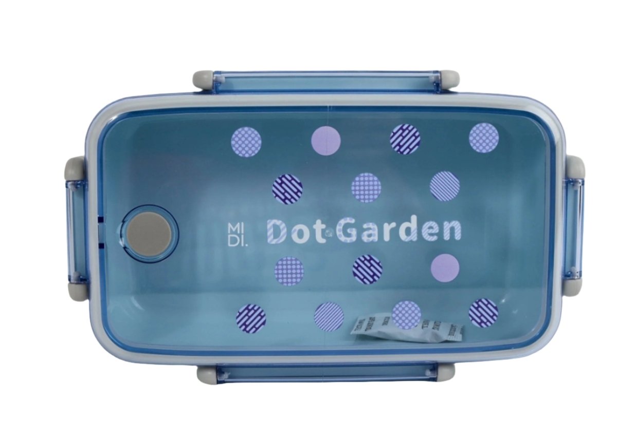 Blue lunch box with dot pattern and 'DotGarden' text on front