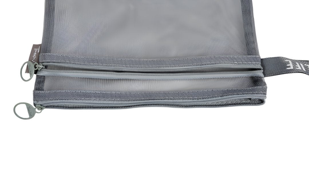 Gray double-layer mesh zipper bag with two zip tracks and side pull tabs.