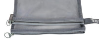 Gray double-layer mesh zipper bag with two zip tracks and side pull tabs.