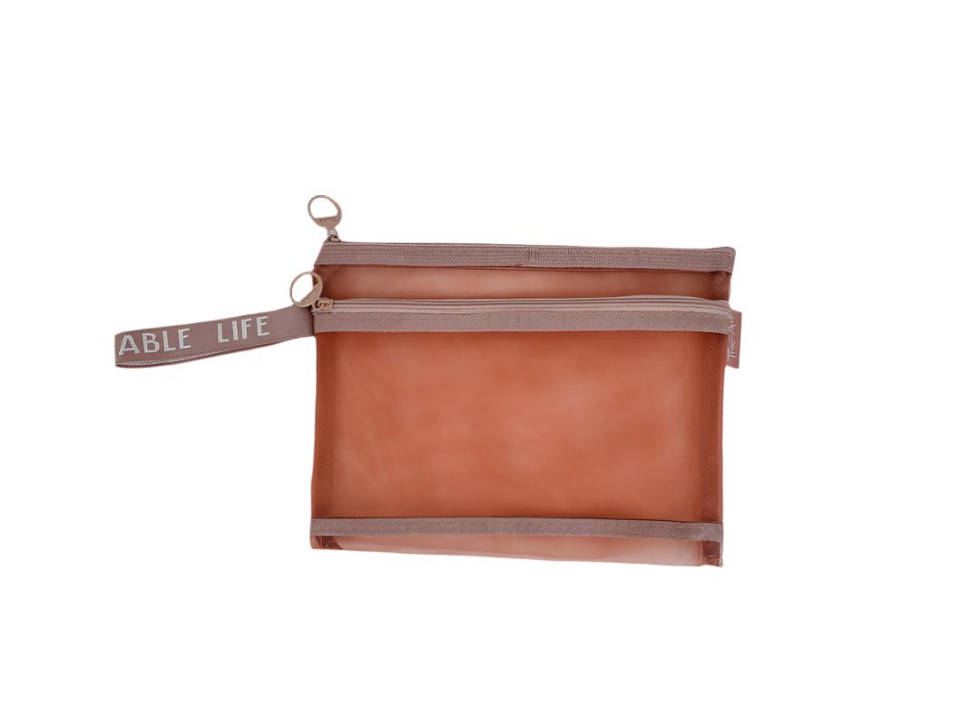 Mesh zipper bag A5 with double compartments, terracotta brown