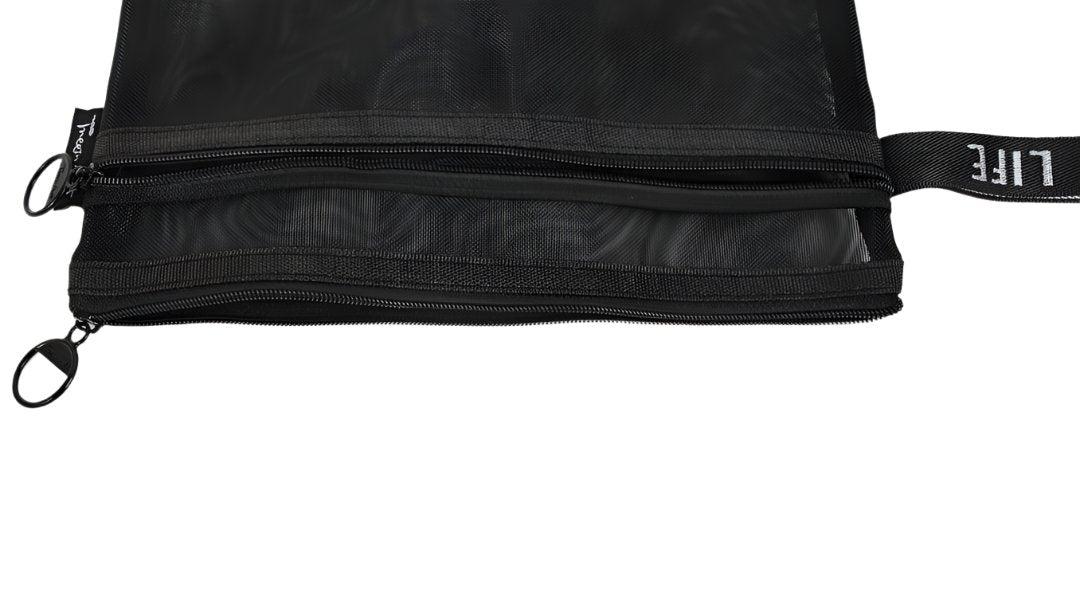 Black double-compartment mesh zipper bag with two zip tracks and pull tabs.