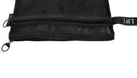 Black double-compartment mesh zipper bag with two zip tracks and pull tabs.