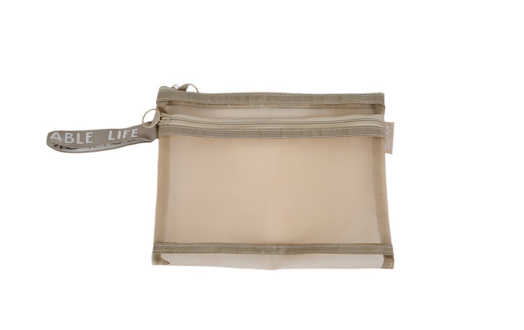 Beige mesh zipper bag with two compartments and double zip closure, A5 size.