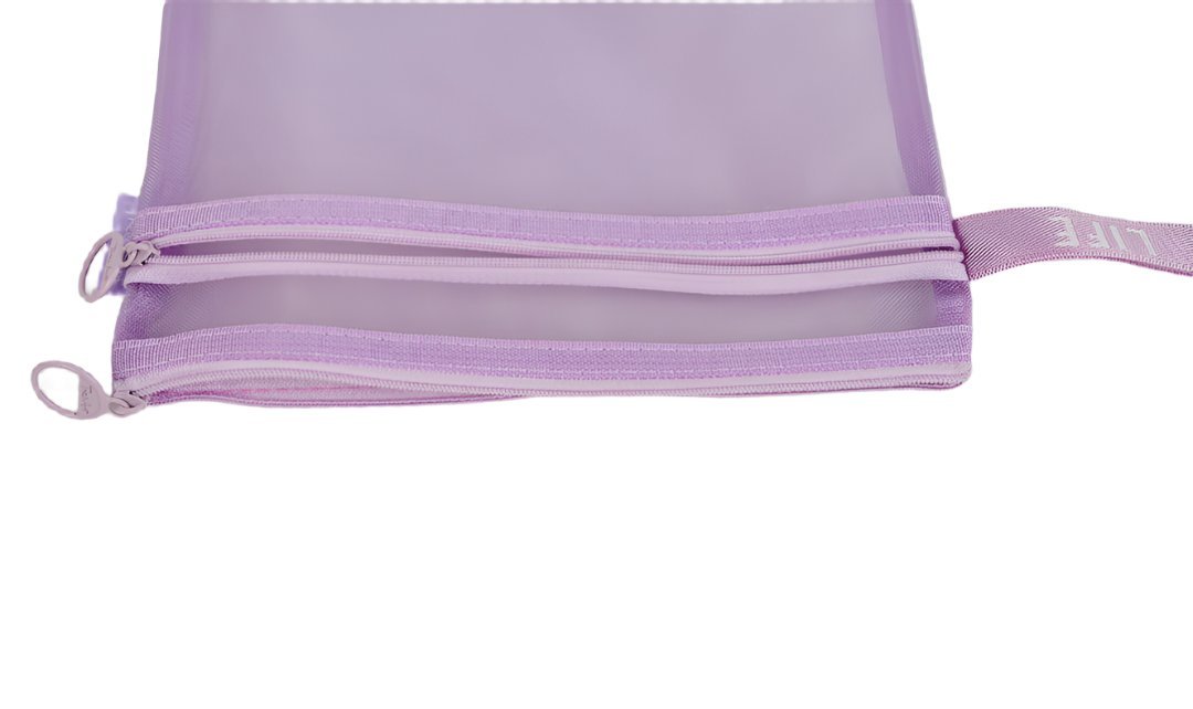 Purple double-layer mesh zipper bag with two zip lines and side pull tabs.