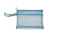 Blue mesh zipper bag with two compartments and top zipper, A5 size.