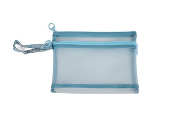 Blue mesh zipper bag with two compartments and top zipper, A5 size.