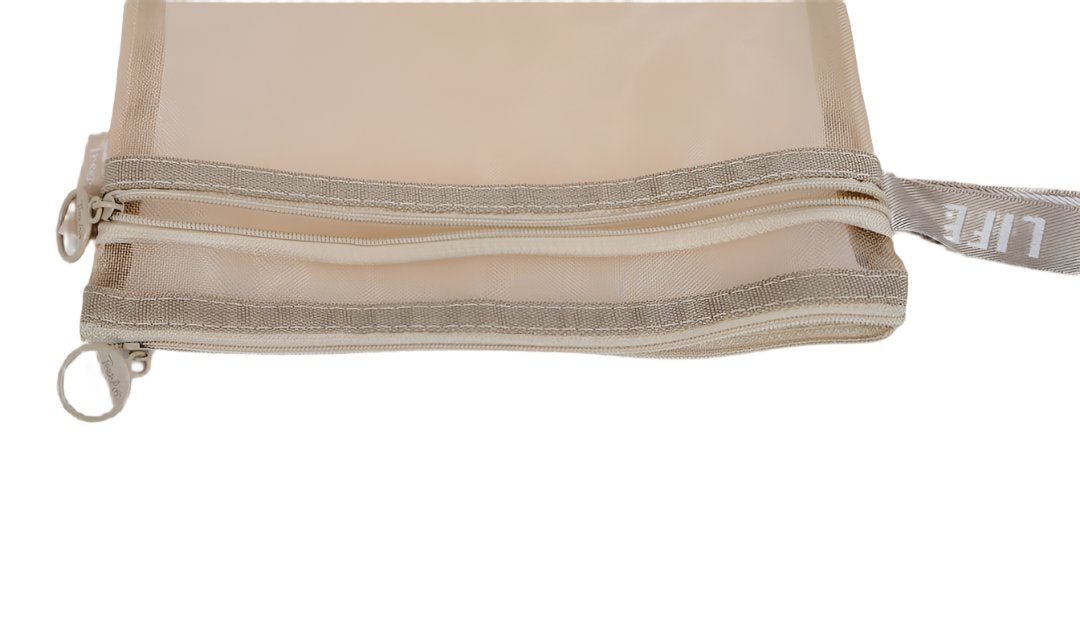 Beige double-compartment mesh zipper bag with two zippers and side ring pulls.