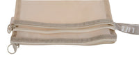 Beige double-compartment mesh zipper bag with two zippers and side ring pulls.