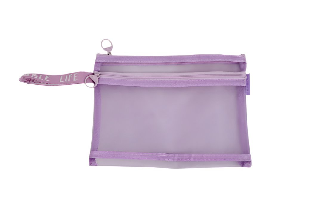 Purple mesh zipper bag with two compartments and top zipper, A5 size.