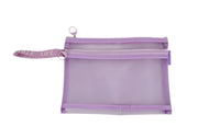 Purple mesh zipper bag with two compartments and top zipper, A5 size.