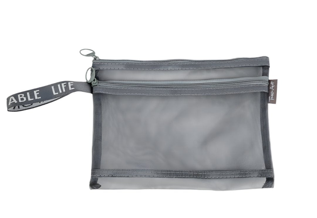 Gray mesh zipper bag with two compartments and double zip closure, A5 size.