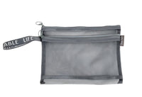 Gray mesh zipper bag with two compartments and double zip closure, A5 size.
