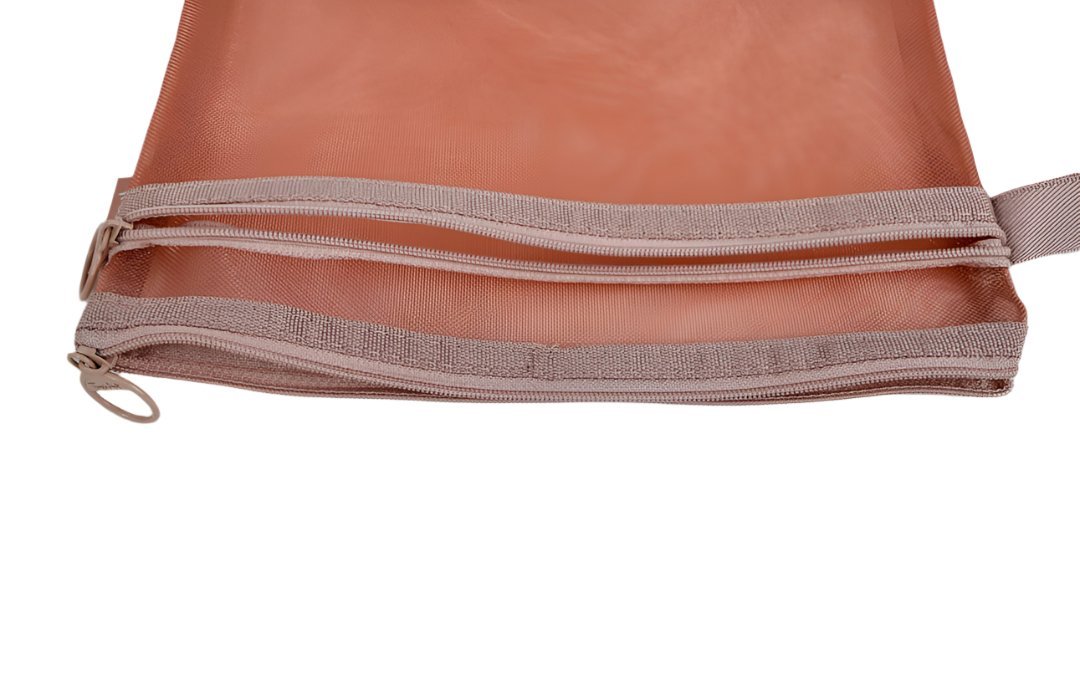 Mesh zipper bag A5 with double compartments, peach-toned