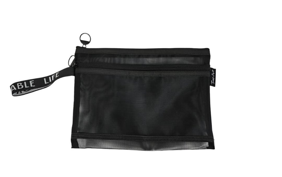 Black mesh zipper bag with two compartments and double zip closure, A5 size.