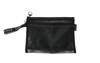 Black mesh zipper bag with two compartments and double zip closure, A5 size.