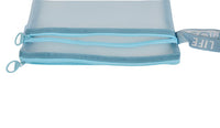 Blue double-layer mesh zipper bag with front zipper and small side pull tabs.