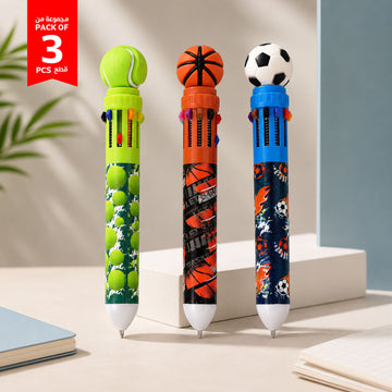 Sports ball novelty pen set: lime, orange, and blue designs with ball toppers