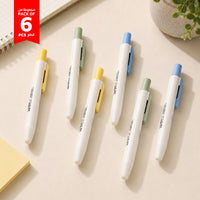 Pack of 6 pastel highlighter pens with yellow, green, and blue tips on white barrels