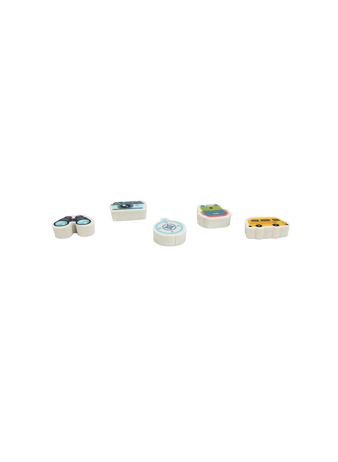 Assorted travel erasers with bus, compass, camera, and backpack shapes
