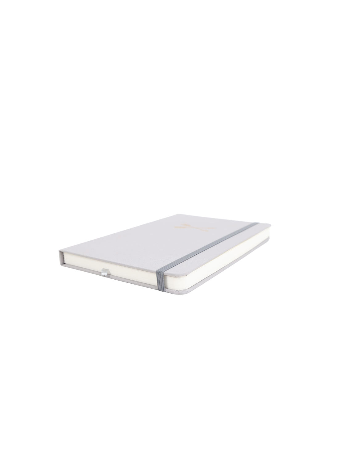 Grey A5 hardback notebook with elastic band and smooth cover with gold emblem