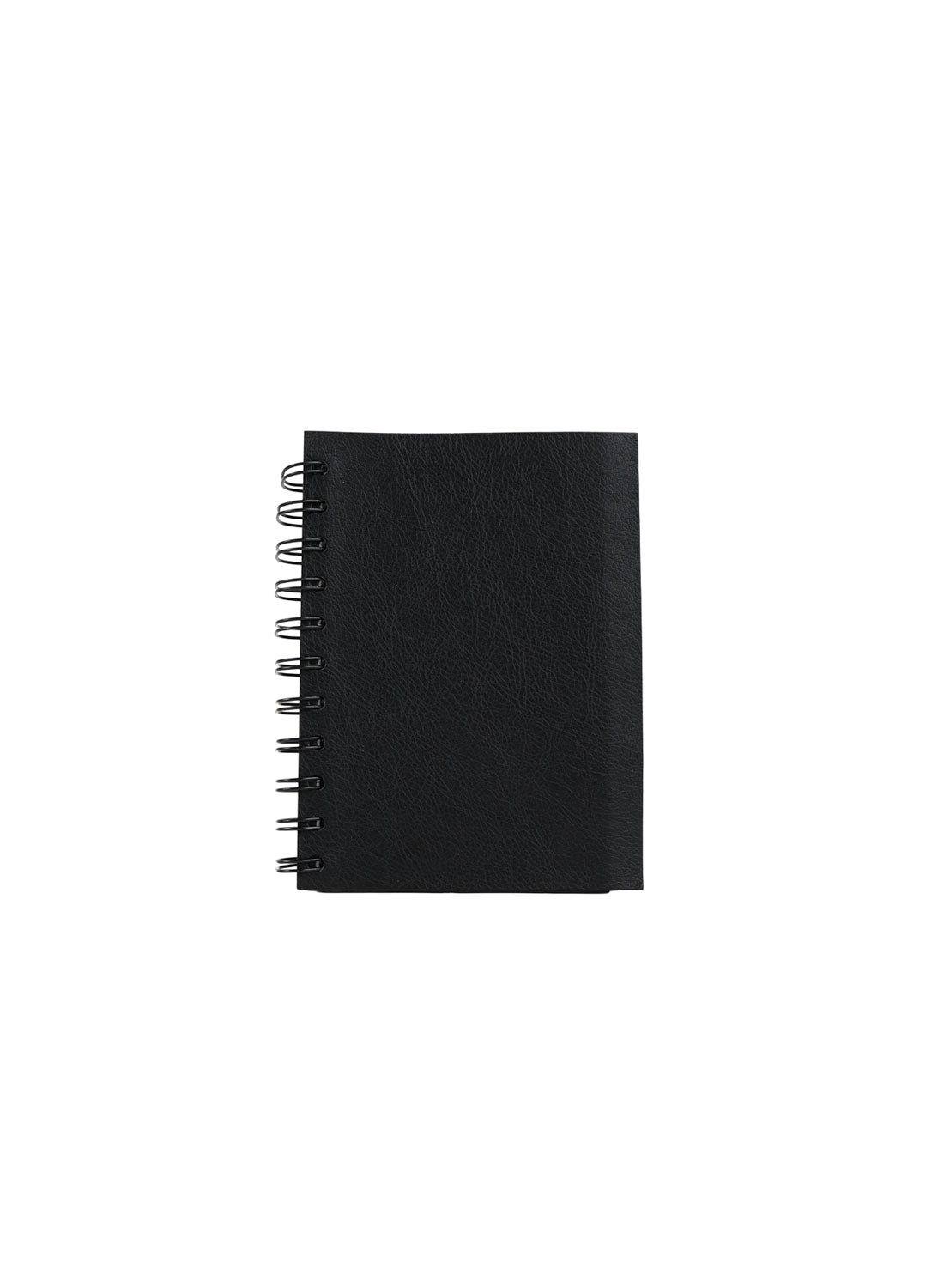 Small black spiral notebook with textured cover and metal coil binding