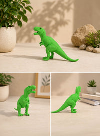 Green T-rex dinosaur toy figure standing on floor near plants