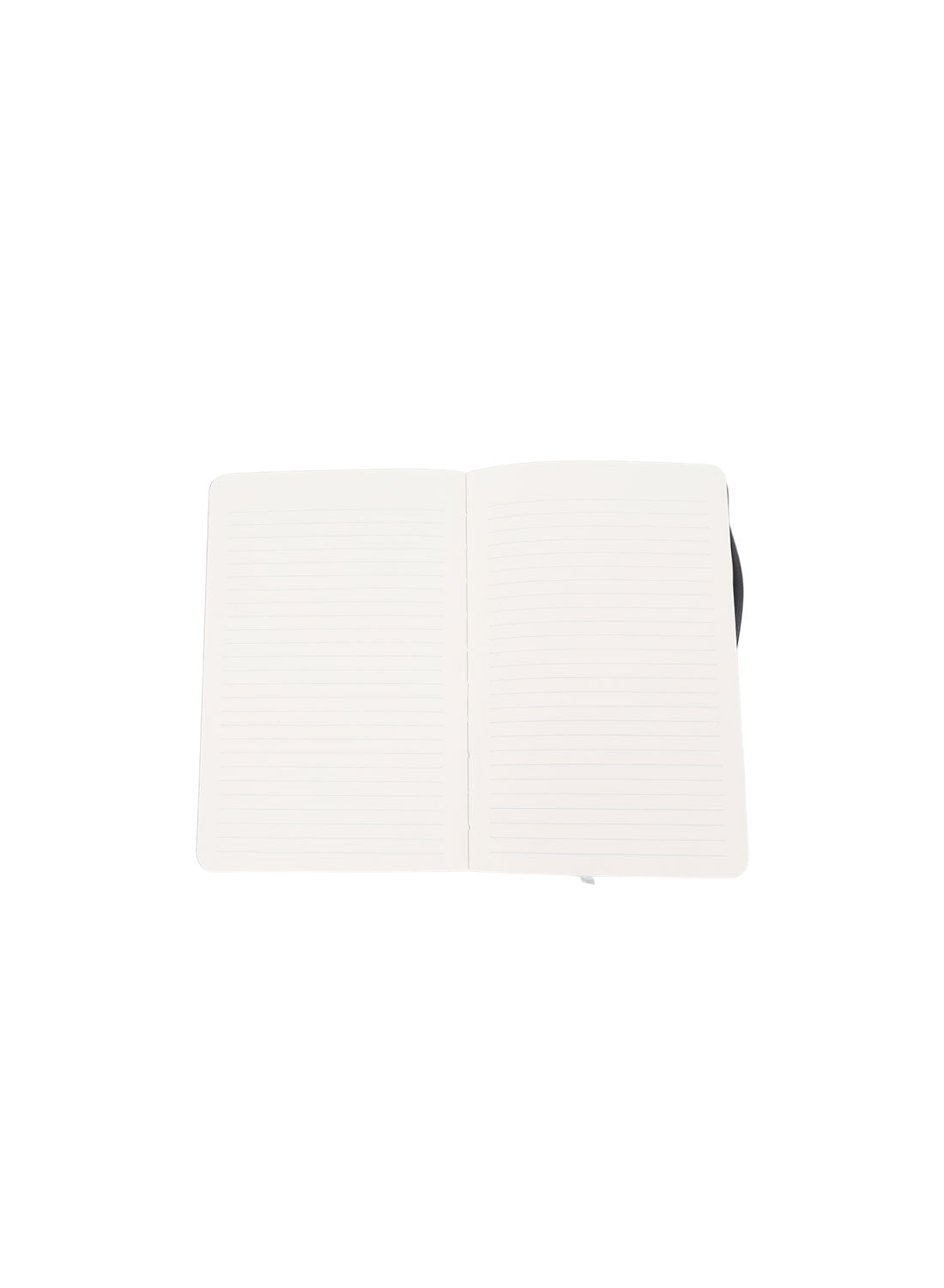 Grey hardback A5 notebook open flat, showing lined pages and inner binding