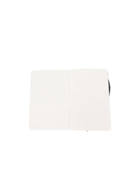 Grey hardback A5 notebook open flat, showing lined pages and inner binding