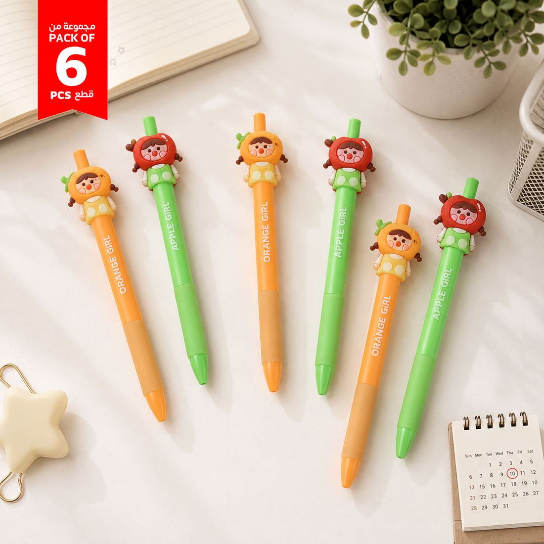 Pack of 6 fruit-girl pens with apple and orange character toppers, colored barrels