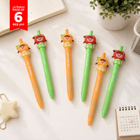 Pack of 6 fruit-girl pens with apple and orange character toppers, colored barrels