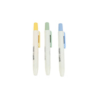 Set of pastel highlighter pens with yellow, green, and blue tips on white barrels