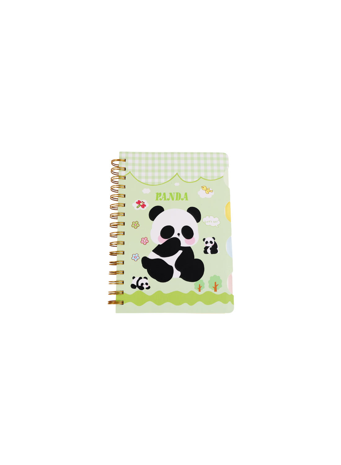 Panda spiral notebook with dividers, green gingham cover, panda and bear icons, gold coil rings