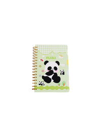 Panda spiral notebook with dividers, green gingham cover, panda and bear icons, gold coil rings