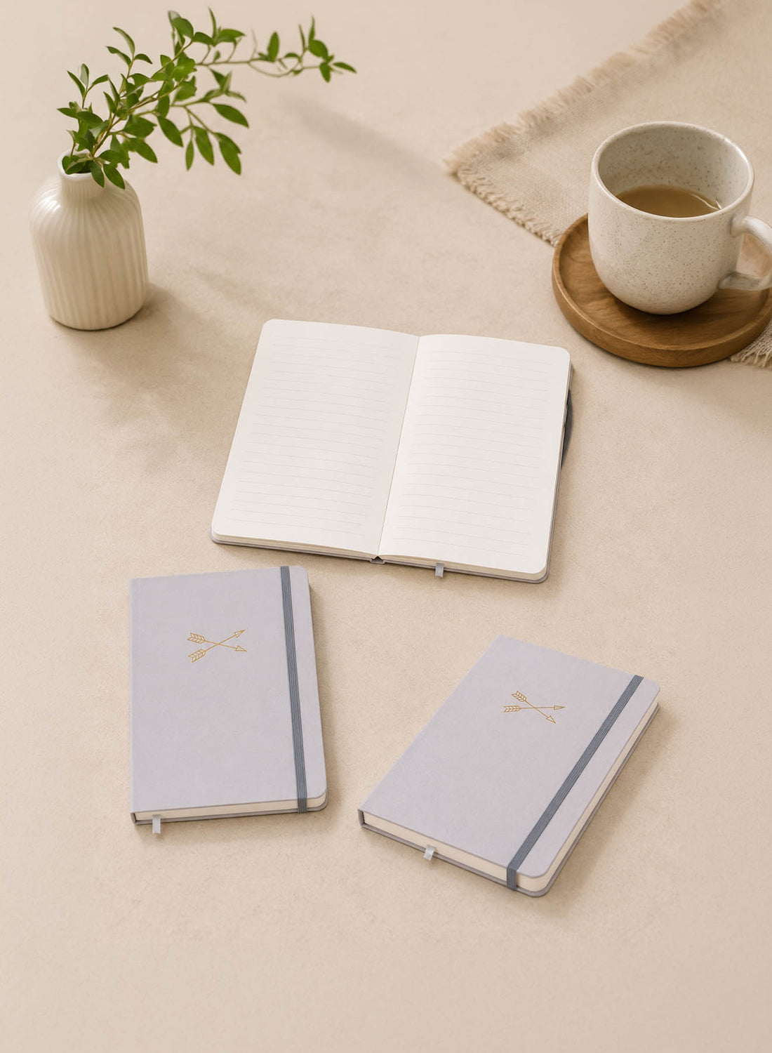 Grey A5 hardback notebook set with gold emblem; one notebook open to blank pages