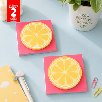 Lemon slice sticky notes, pack of 2, pink square sheets with circular yellow fruit art