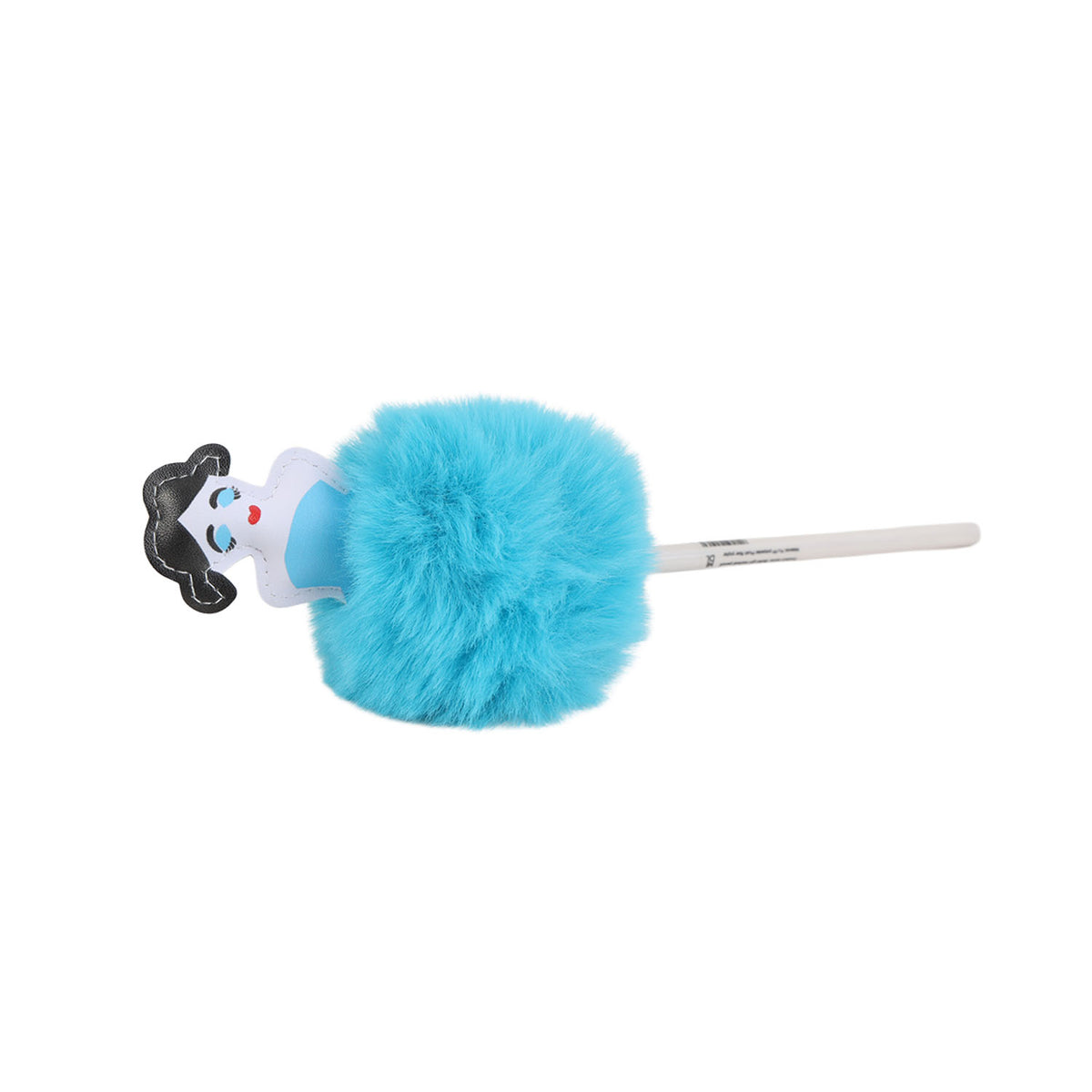 Blue fluffy ball pen with face charm, white barrel and blue pom-pom topper